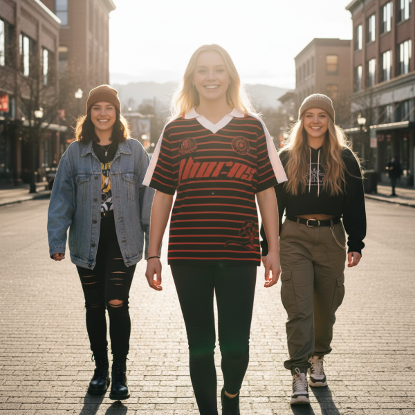 Model wearing Portland Thorns Dead Dirt boutique jersey