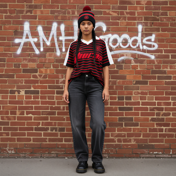 Model wearing Portland Thorns Dead Dirt boutique jersey