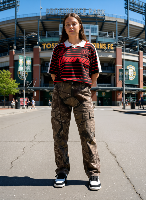 Model wearing Portland Thorns Dead Dirt boutique jersey